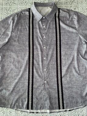 Mens 4XL Button Up Shirt Gray Black Striped Short Sleeve Retro Bowling Style